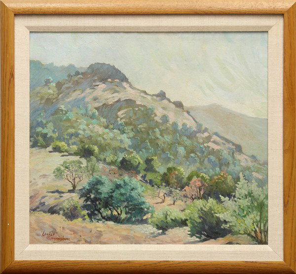 Painting, Louise Cunningham: Framed oil on board, Desert Landscape, by Louise Cunningham (Californian, 1881-1983), signed lower left, overall: 22.5''h x 24.5''w