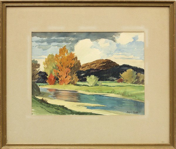 Watercolor, Percy L. Manser: Framed watercolor, California Landscape with River, by Percy L. Manser (Californian, 1886-1973), signed ''Percy L. Manser'' lower right, sight: 14''h x 19''w, overall: 25''h x 29.5''w