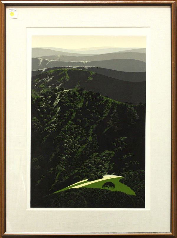 Screenprint, Eyvind Earle, Hidden Valley: Framed color screenprint, ''Hidden Valley'' (b.65), 1975, by Eyvind Earle (Californian, 1916-2000), pencil signed lower right, edition of 83/300, sight: 30''h x 20''w, overall: 42.5''h x 31.5''w