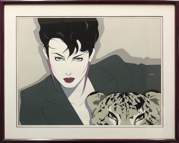 Silkscreen, Patrick Nagel, Woman with Leopard: Framed silkscreen, Woman with Leopard, by Patrick Nagel (Californian, 1945-1984), signed in pencil lower right, edition 67/90, overall: 40''h x 50''w