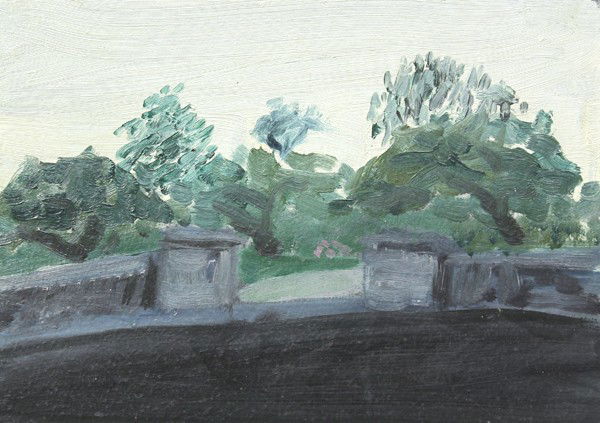 Painting, Fred Martin, Garden Gate: Unframed oil on board, Garden Gate, by Fred Martin (Californian b.1927), unsigned, accompanied by original envelope, overall: 8''h x 11''w