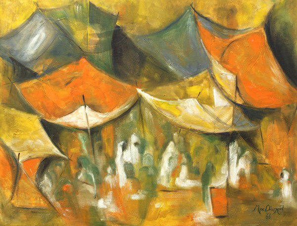 Painting, Douglas MacDiarmid, Village Market: Unframed oil on board, Village Market, 1966, by Douglas MacDiarmid (New Zealand, b. 1922), signed and dated ''MacDiarmid '66'' lower right, overall: 27.5''h x 36''w