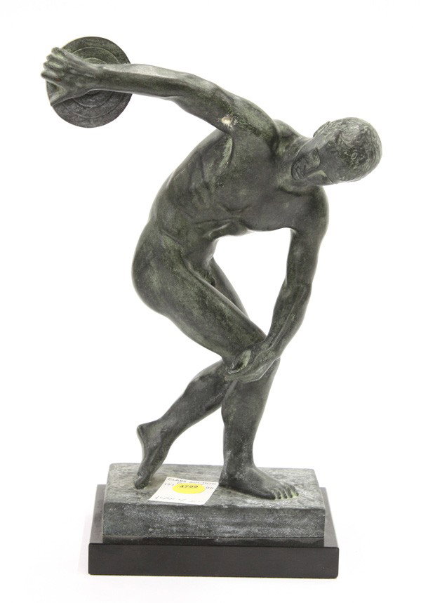 Bronze, Classical Discus Thrower: Bronze sculpture, Classical Discus Thrower, Continental School (19th century), unsigned, black marble base, overall: 12.25''h x 7.75''w x 4.5''d