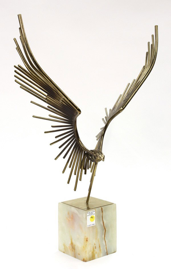 Sculpture, Curtis Jere, Hawk in Flight: Wire sculpture with gold finish on marble base, Hawk in Flight, 1978 by Curtis Jere, signed and dated ''C. Jere 1978'' bottom left, overall: 28.5''h x 20''w x 11.5''d