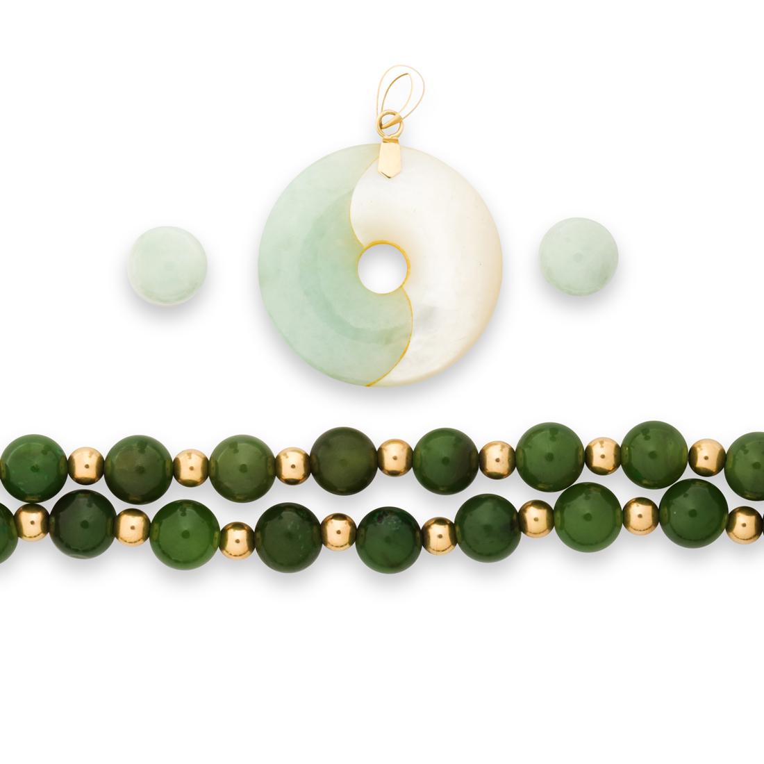 A jade and fourteen karat gold jewelry suite: A jade and fourteen karat gold jewelry suitea strand of jade beads, measuring approximately 7.12 mm in diameter, accented by fourteen karat gold spacer beads; a pair of jade bead stud earrings, measur