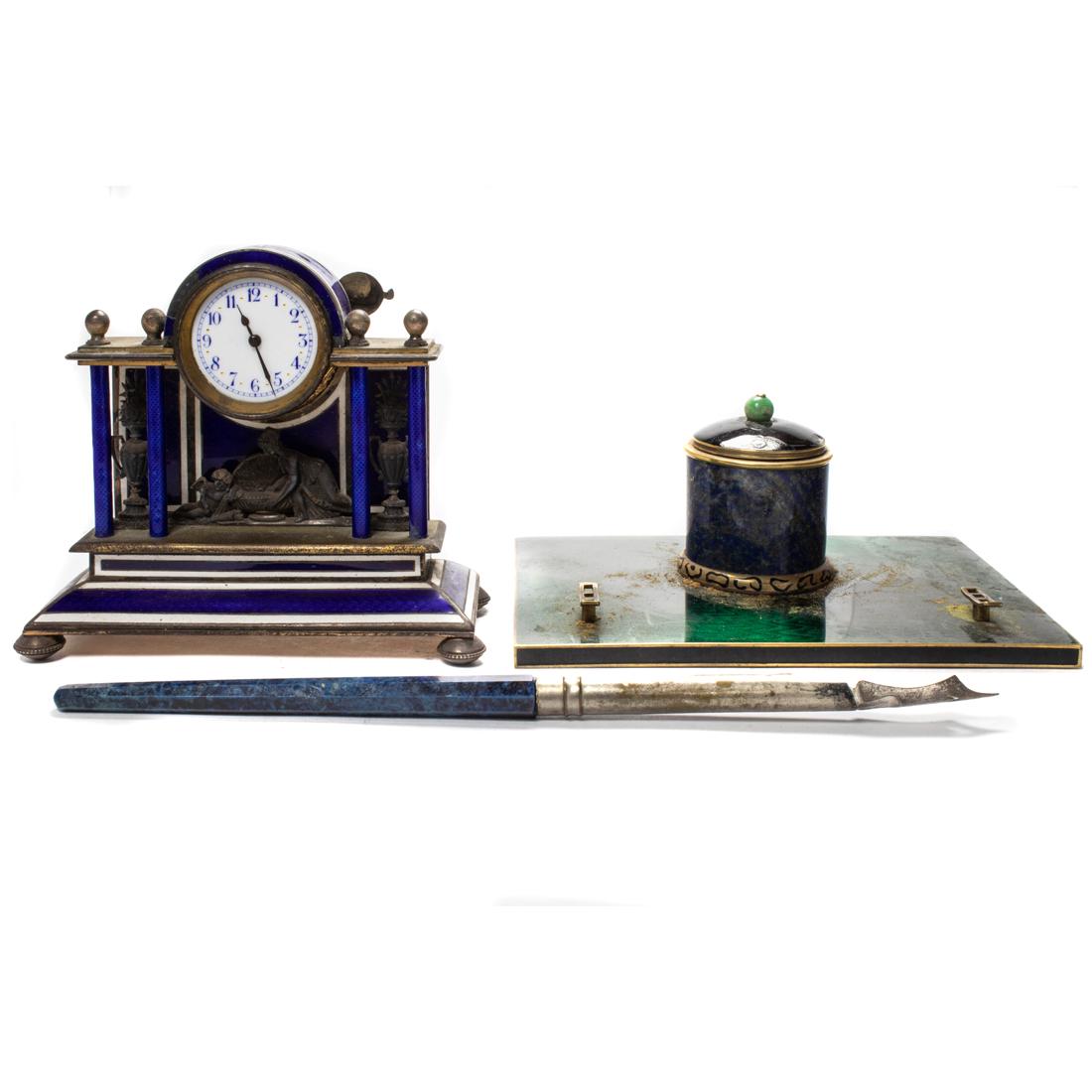 A French miniature cobalt blue enamel silver gilt portico form clock (1 of 1)