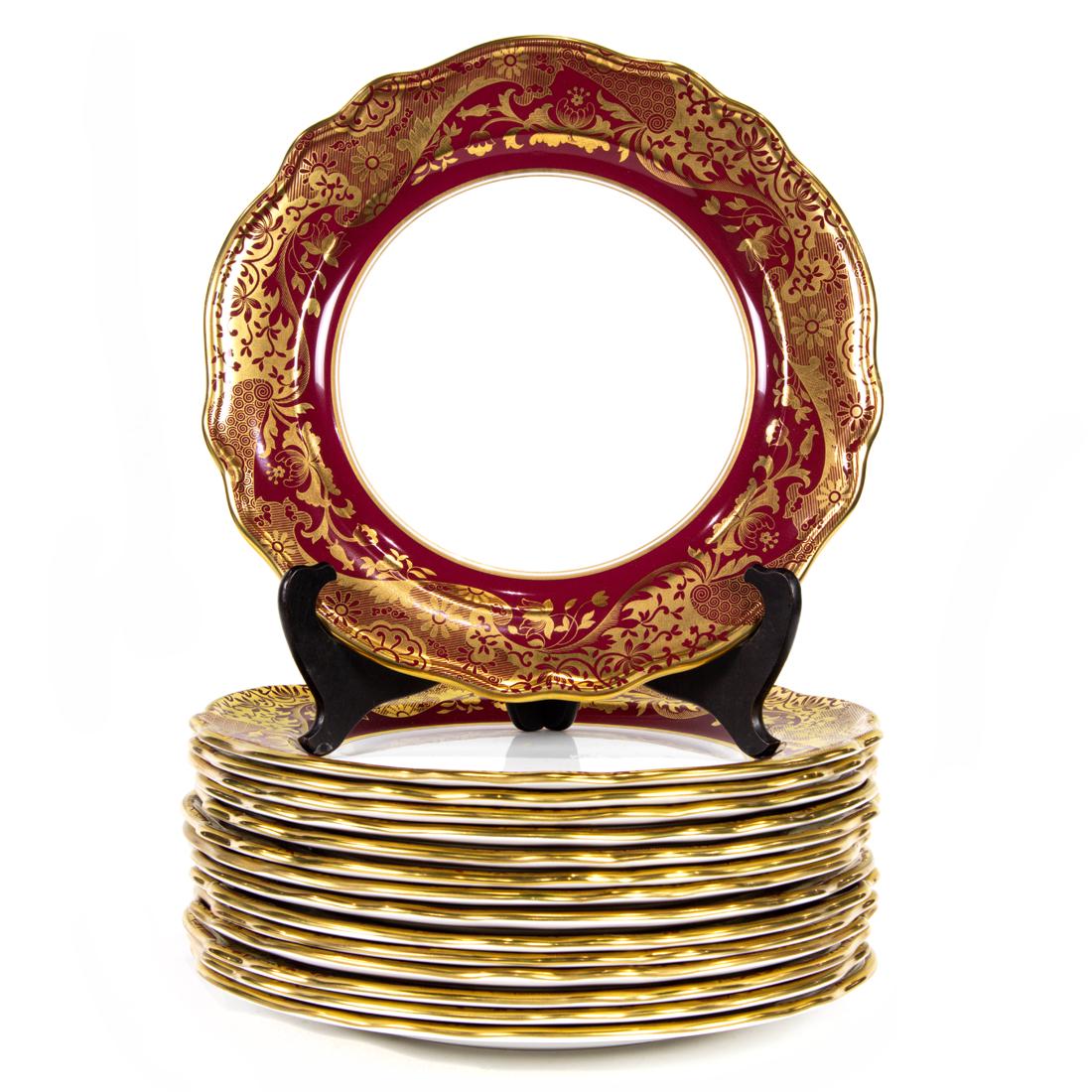 (Lot of 15) Spode bone china service plates in the Roma Crimson Y-8608 pattern: (Lot of 15) Spode bone china service plates in the Roma Crimson Y-8608 pattern, 12.25"dia. Provenance: Property of a prominent Hillsborough, CA estate.
