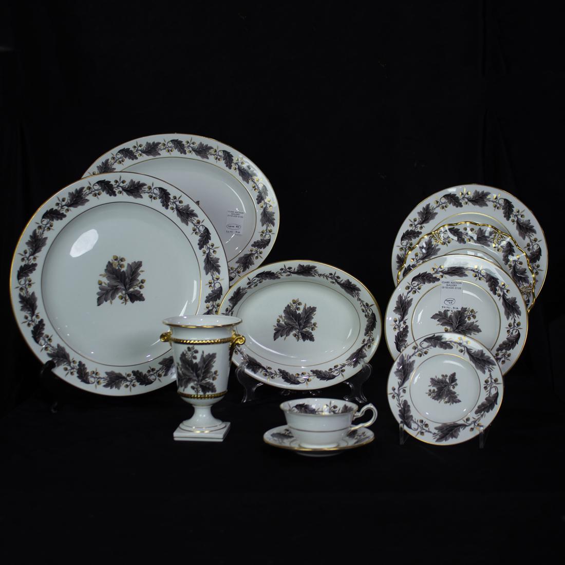 (Lot of 43) A Royal Crown Derby bone china dinner service in A1174 Portman Oak pattern: (Lot of 43) A Royal Crown Derby bone china dinner service in A1174 Portman Oak pattern, date codes for 1970s, each with printed black factory mark, comprising (10) dinner plates, 10.25"dia; (1) lunche