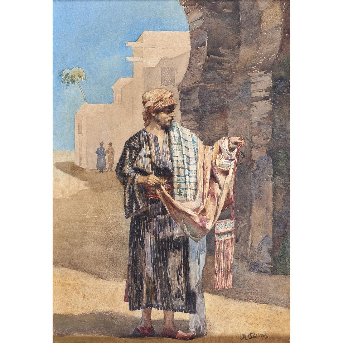 Painting, Alberto Pasini: Alberto Pasini (Italian, 1826-1899), "The Fabric Seller," watercolor, signed lower right, titled in Portuguese verso, sight: 16.5"h x 11.5"w, overall (with frame): 22.75"h x 18.75"w