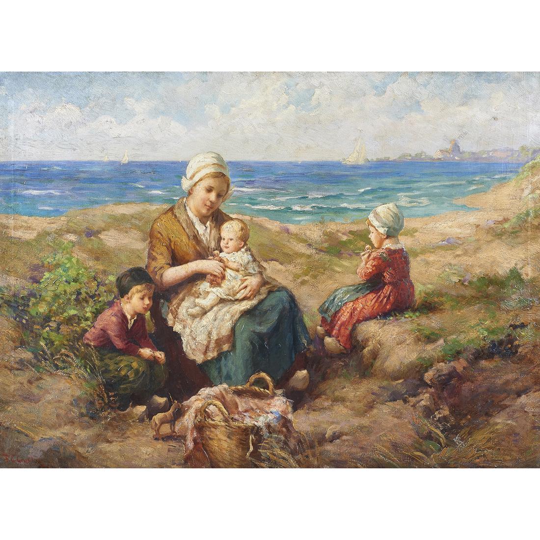 Painting, F.G. Grust: F.G. Grust (Dutch, b. 1889), "Coastside Picnic," oil on canvas, signed lower left, sight: 25.5"h x 35.5"w, overall (with frame): 31.75"h x 41.75"w