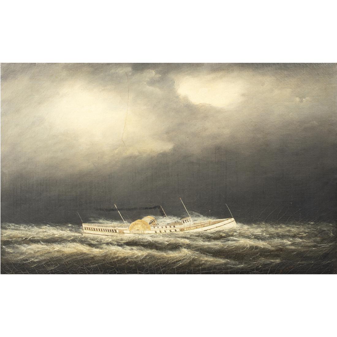 Painting, Clement Drew: Clement Drew (American, 1806-1889), "Steamship 'Nantasket' in the Tornado - June 16th, 1879," 1879, oil on board, signed lower right, titled and dated verso, board: 14"h x 22"w, overall (with frame):