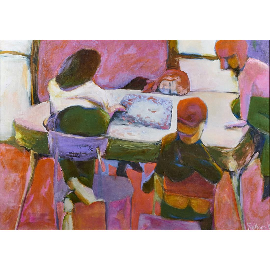 Painting, American School (20th century): American School (20th century), Children at a Table, oil on canvas, signed "Rothwell" lower right, sight: 37"h x 52"w, overall (with frame): 45.5"h x 61"w