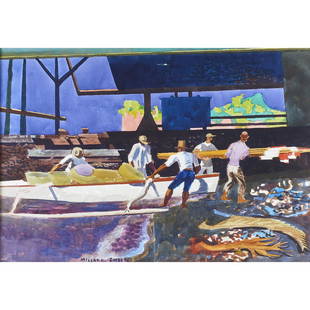 Painting, Millard Sheets: Millard Sheets (American, 1907-1989), Fishermen, watercolor, signed lower center/left, sight: 21"h x 29"w, overall (with frame): 33.25"h x 41.25"w