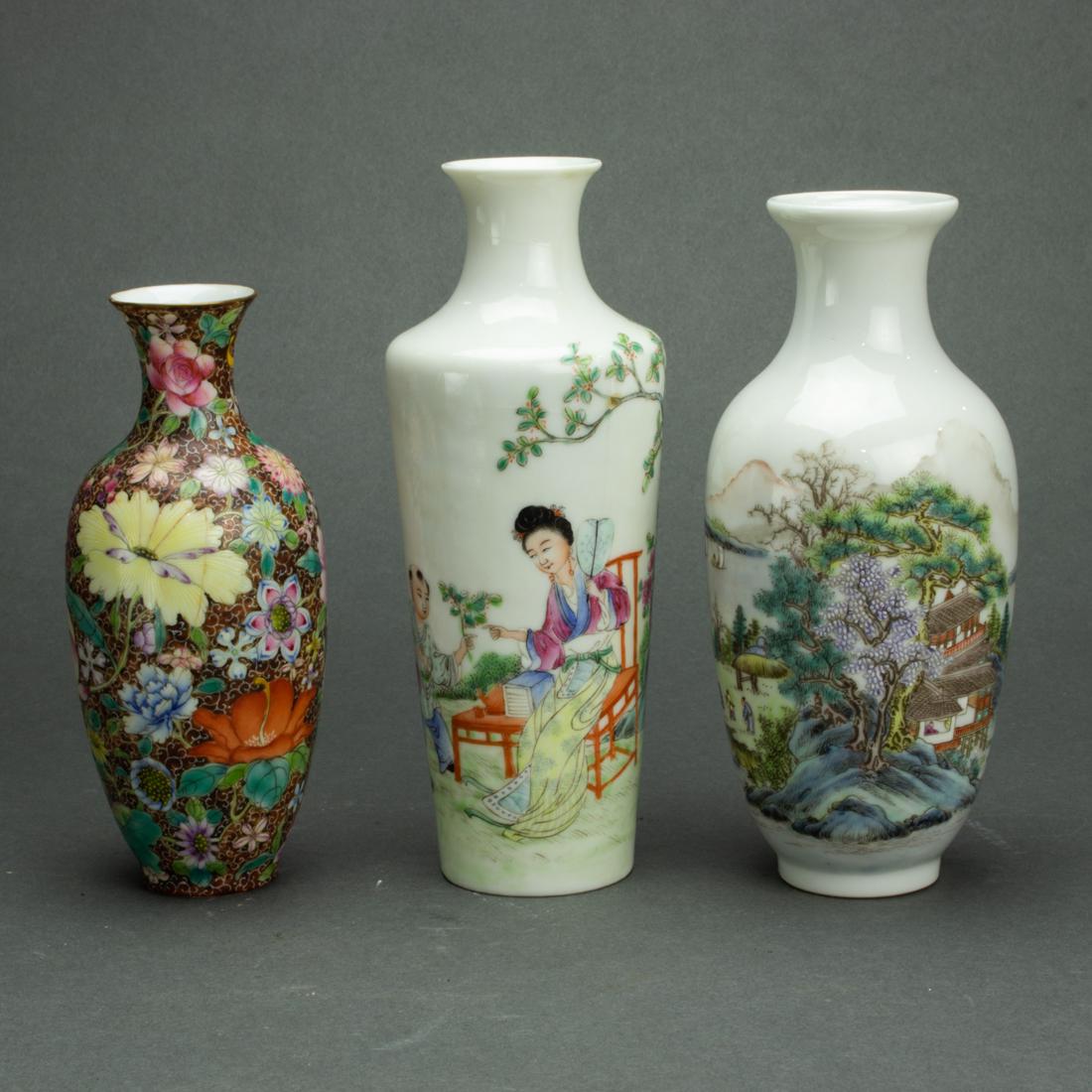 (lot of 3) Famille rose vases, tallest 6.25". (1 of 2)