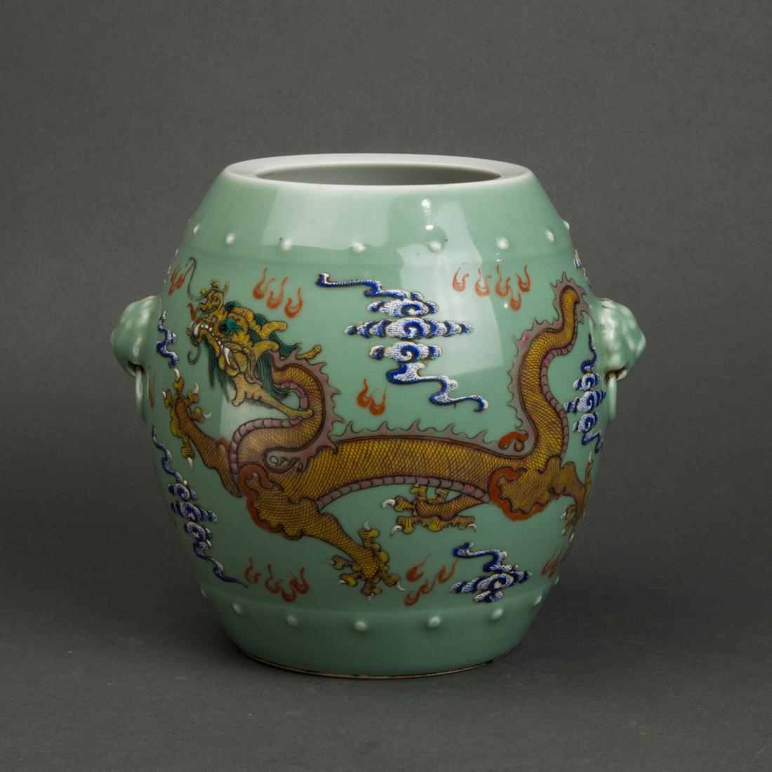 Chinese famille rose on celadon ground drum-form vase: Chinese famille rose on celadon ground drum-form vase, height 6.25".