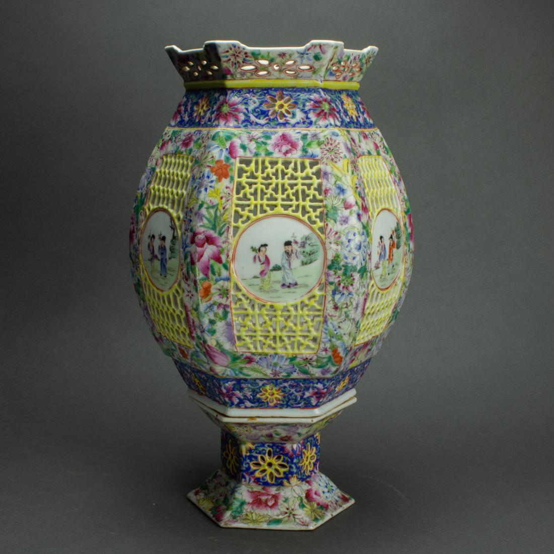 Famille rose hexagonal lantern and stand (1 of 2)