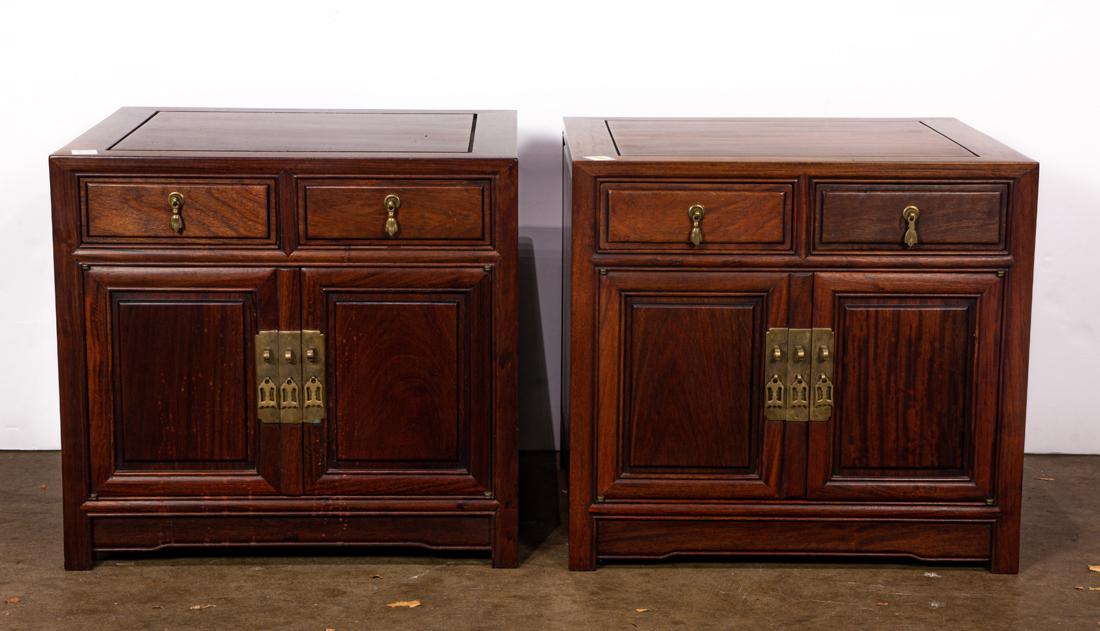 Pair of hardwood low cabinets: Pair of hardwood low cabinets, each 22"h. x 24"w. x 24"d.