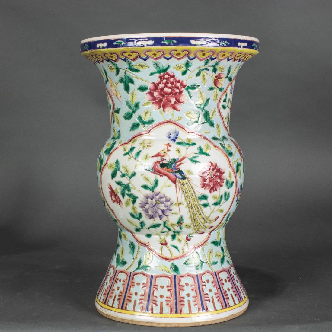 Famille rose trumpet vase: Famille rose trumpet vase, decorated with phoenixes,flowers and the Eight Buddhist Emblemd, height 15.25".