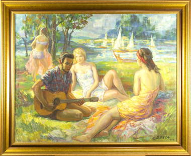 Painting, Albert Genta: Albert Genta (French, 1901-1989), Picnic by the Water, 1966, oil on canvas, signed and dated lower right, overall (with frame): 34"h x 42"w