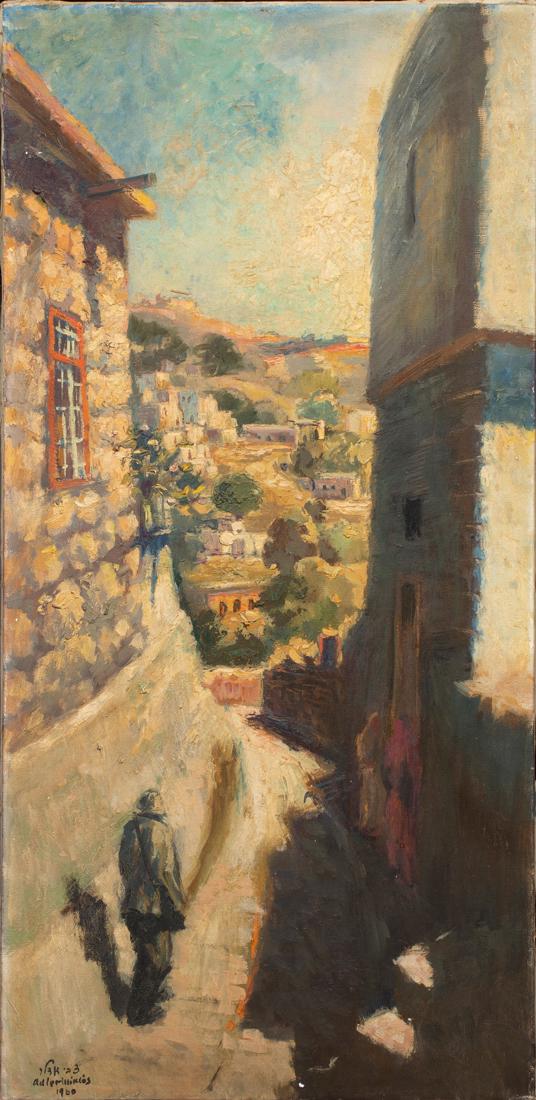 Painting, Zvi Miklos Adler: Zvi Miklos Adler (Hungarian, 1909-1965), City Street with Figures, 1960, oil on canvas, signed and dated lower left, overall (unframed): 36"h x 17.5"w