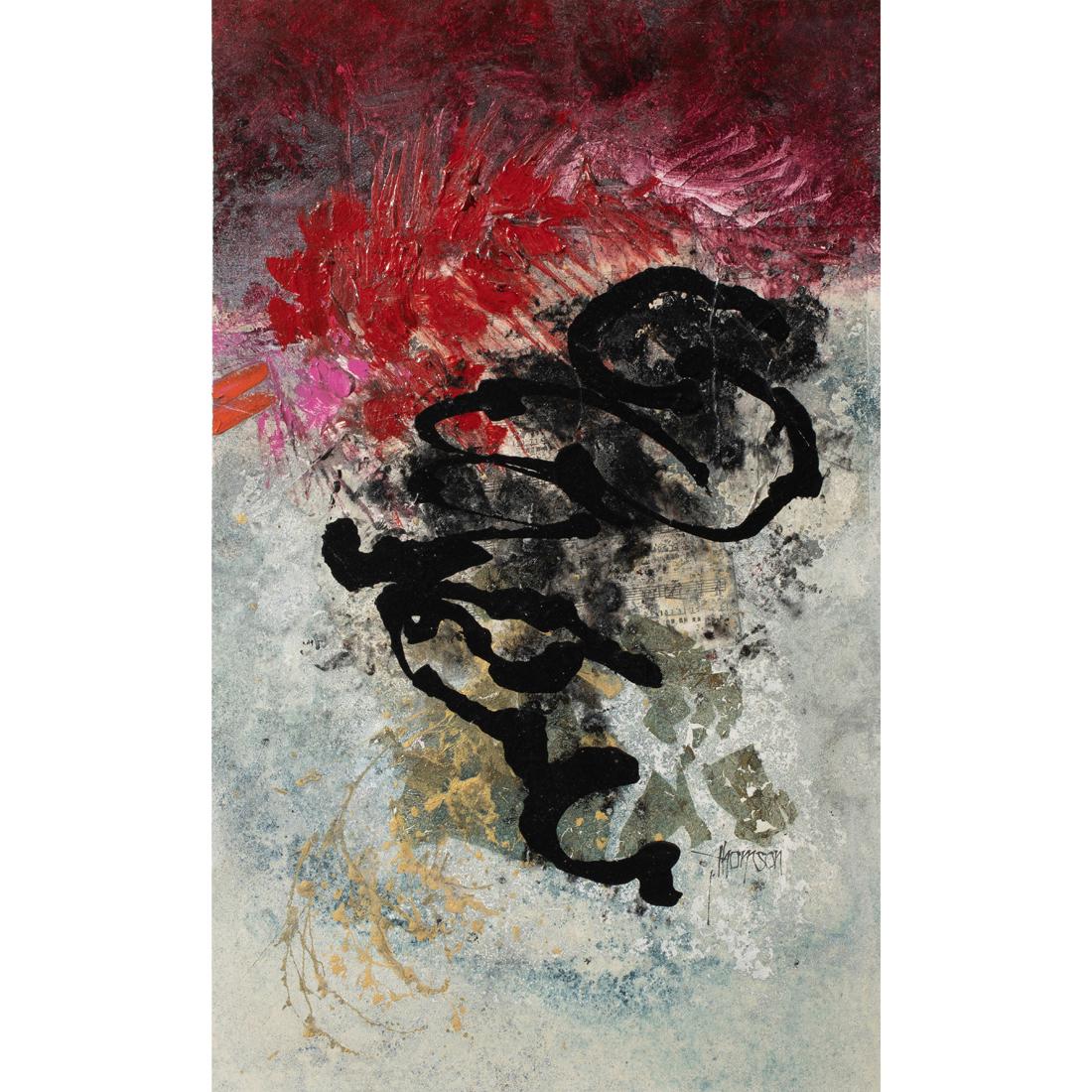 Mixed Media, John Thomson: John O. Thomson (American, 20th century), "Fire Fite," 1990, mixed media on canvas, signed lower right, signed, titled, and dated verso, canvas: 23.5"h x 16"w, overall (with frame): 25"h x 17"w