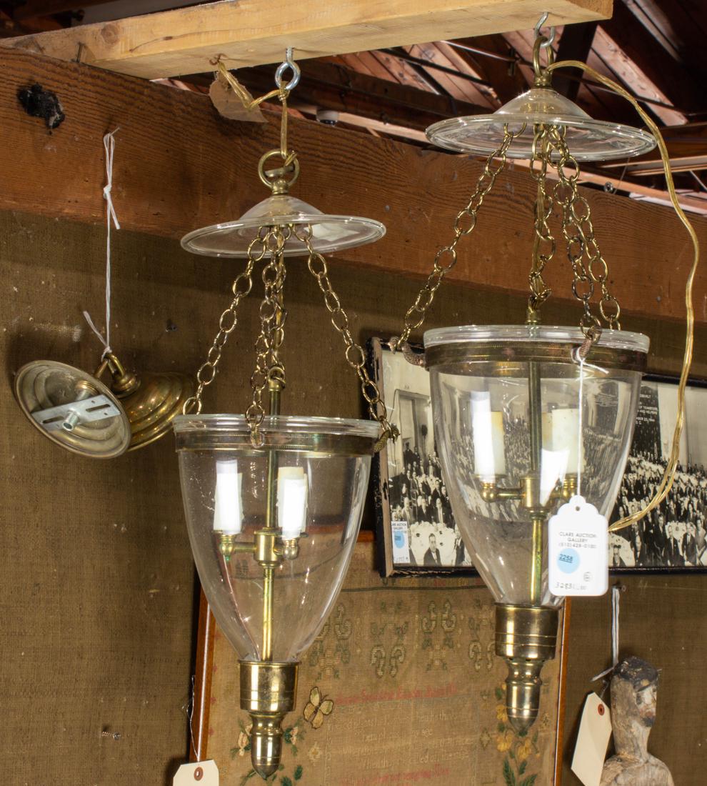 Pair of brass and glass three-light bell jar lanterns (1 of 1)