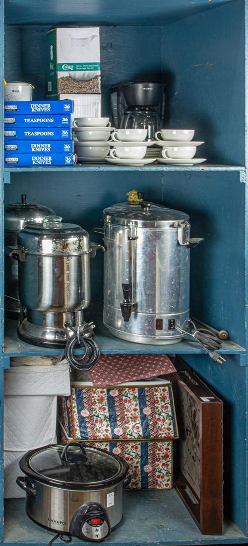Three bin of catering accessories: Three bin of catering accessories, including (5) boxed sets of Daily Chef stainless flatware; (3) boxed Choice insulated beverage servers; (2) Mr. Coffee coffee makers; (4) stainless steel electric be