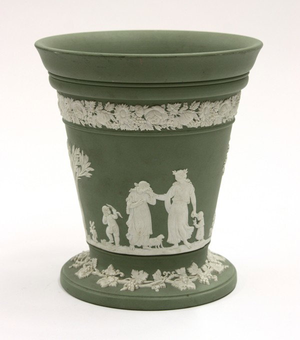 Wedgwood jasperware: Wedgwood Jasparware green bisque vase showing classic pastoral scenes, 6.75''h x 6''diam.