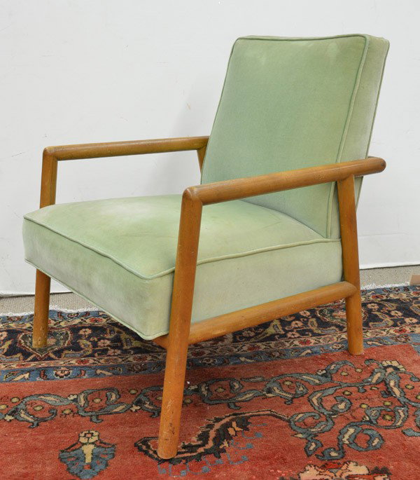 Robsjohn-Gibbings club chair for Widdicomb: Terence Harold (T.H.) Robsjohn-Gibbings mahogany club chair for Widdicomb, upholstered in terre verte velvet, unmarked, 30''h x 24''w x 28''d