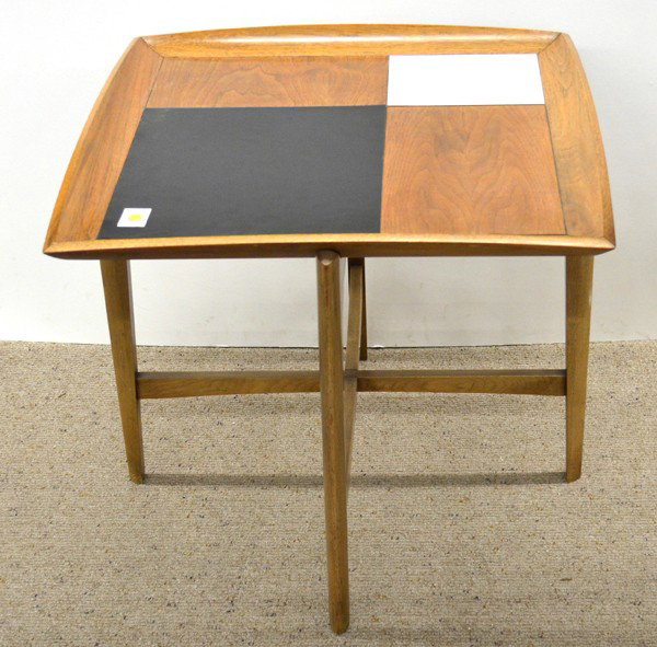 Milo Baughman oak occasional table: Milo Baughman oak occasional table, with a checker board surface of white and black laminate, together with mahogany, raised on tapered legs, retains inspection label 4/30/58, 23.5''h x 27''w x 27''d