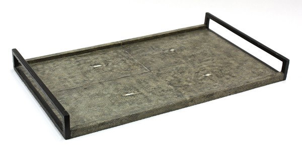 R&Y Augousti shagreen tray: R&Y Augousti, Paris, verdigris shagreen rectangular tray with black palm wood handles, 2.25''h x 23.75''w x 13.75''d