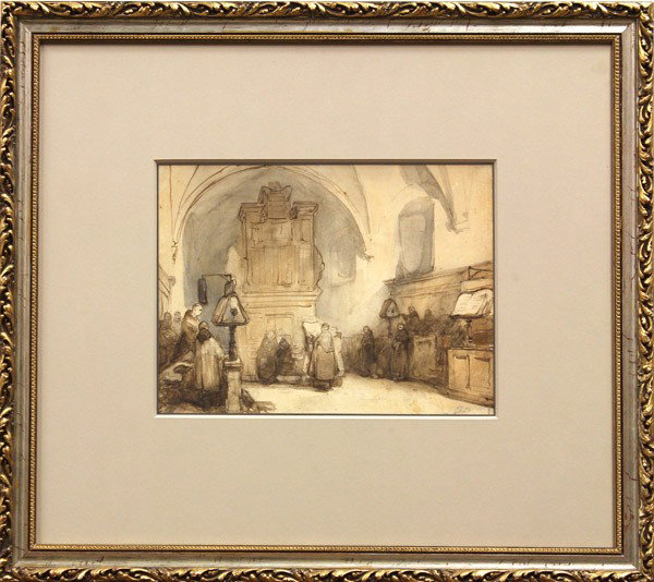 Watercolor, Johannes Bosboom, Interior View: Framed watercolor, Interior View (Kloosterkerk), 1850, by Johannes Bosboom (Dutch, 1817-1891), initialed ''J.B.'' lower right, information verso, sight: 9.5''h x 12.5''w, overall: 22''h x 24.5''w
