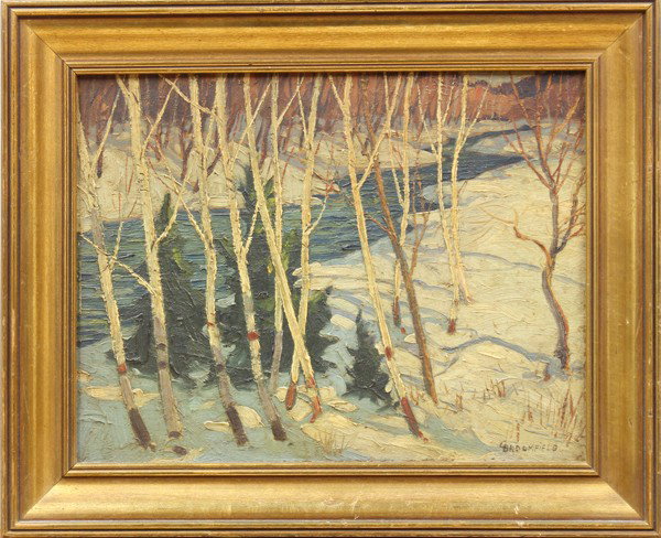 Painting (double-sided), George Broomfield: Framed oil on board (double sided), Winter Snow Scene (Landscape with Birches), by Adolphus George Broomfield (Canadian, 1906-1992), signed ''Broomfield'' lower right, board: 10.5''h x 13.75''w, overa