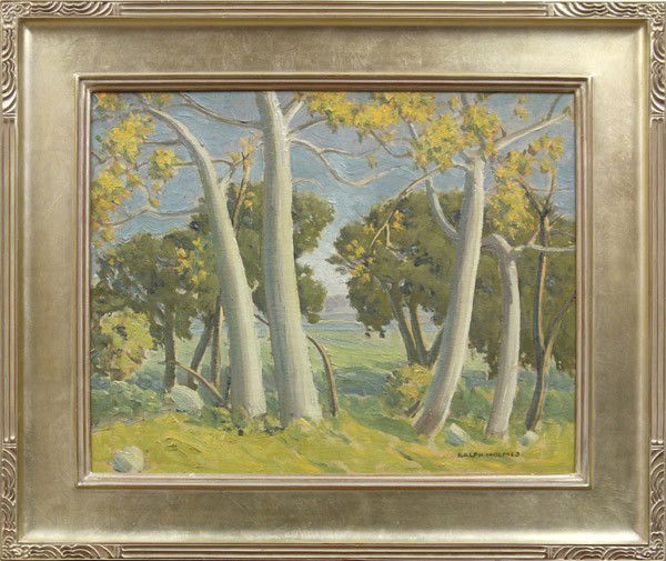 Painting, Ralph Holmes, Sycamores: Framed oil on board, View Through the Sycamores, by Ralph Holmes (Californian, 1876-1963), signed ''Ralph Holmes'' lower right, board: 16.25''h x 20''w, overall: 23''h x 26.5''w
