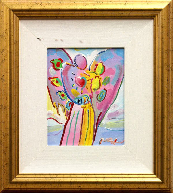 Painting, Peter Max, Angel with Heart: Framed acrylic on canvas, ''Angel with Heart Ver. #18,'' 2002, by Peter Max (American, b. 1937), signed ''Max'' lower right, information verso, canvas: 8''h x 10''w, overall: 19''h x 17''w