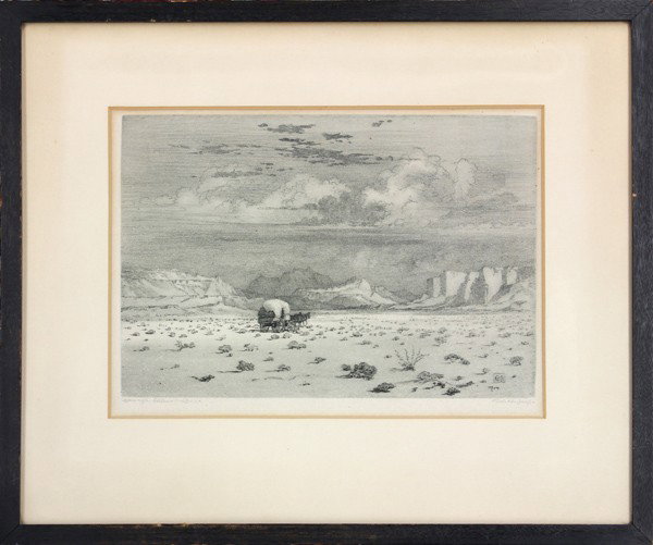 Aquatint, George Elbert Burr, Desert: Framed aquatint, ''The Desert No. 1,'' 1914, by George Elbert Burr (American, 1859-1939), pencil signed ''George Elbert Burr'' lower left, initialed and dated within matrix, bears O'Brien Gallery, Chi