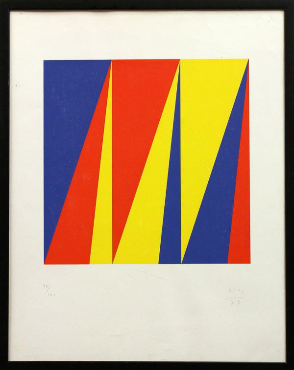 Silkscreen, Max Bill, Minimalism: Framed silkscreen on cardboard, Untitled, 1973, by Max Bill (Swiss, 1908-1994), signed and dated in pencil ''Bill '73'' lower right, edition 36/150, sight: 27.5''h x 21.5''w, overall: 29.5''h x 23.5''