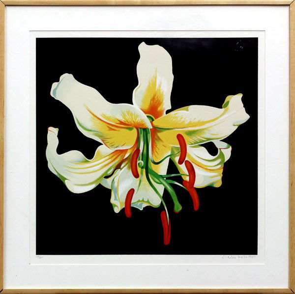 Silkscreen, Lowell Nesbitt, Lily: Framed silkscreen, Lily, 1980, by Lowell Nesbitt (American, 1933-1993), pencil signed and dated ''L. Nesbitt, 1980'' lower right, pencil numbered edition of 200 lower left, image: 25''h x 25''w, overa