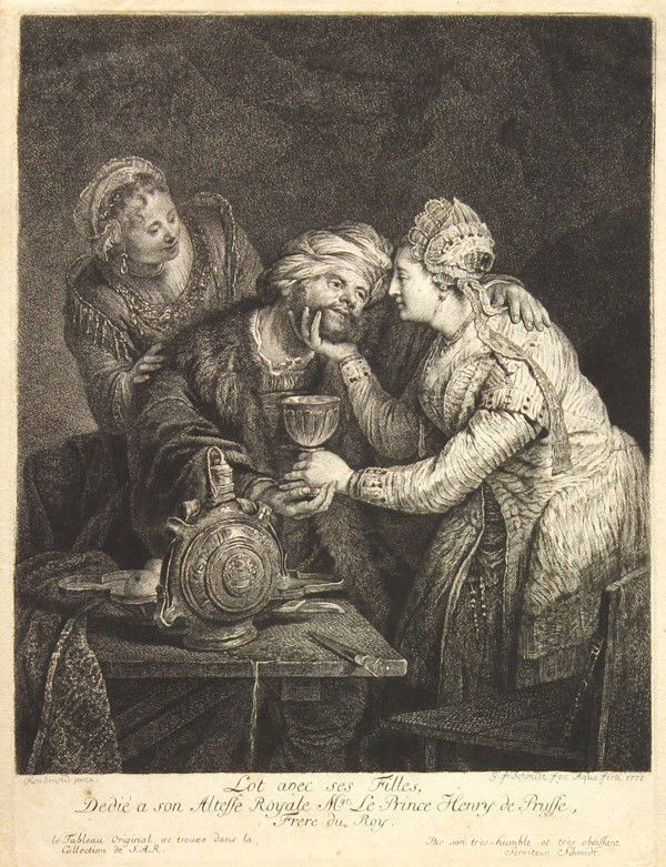 Engraving, After Rembrandt, G.F. Schmidt: Unframed engraving, ''Lot Avec ses Filles,'' 1771, by George Freidrich Schmidt (German, 1712-1775), after Rembrandt, signed and dated ''G.F. Schmidt fec. Aqua Forti, 1771'' lower right, publication li