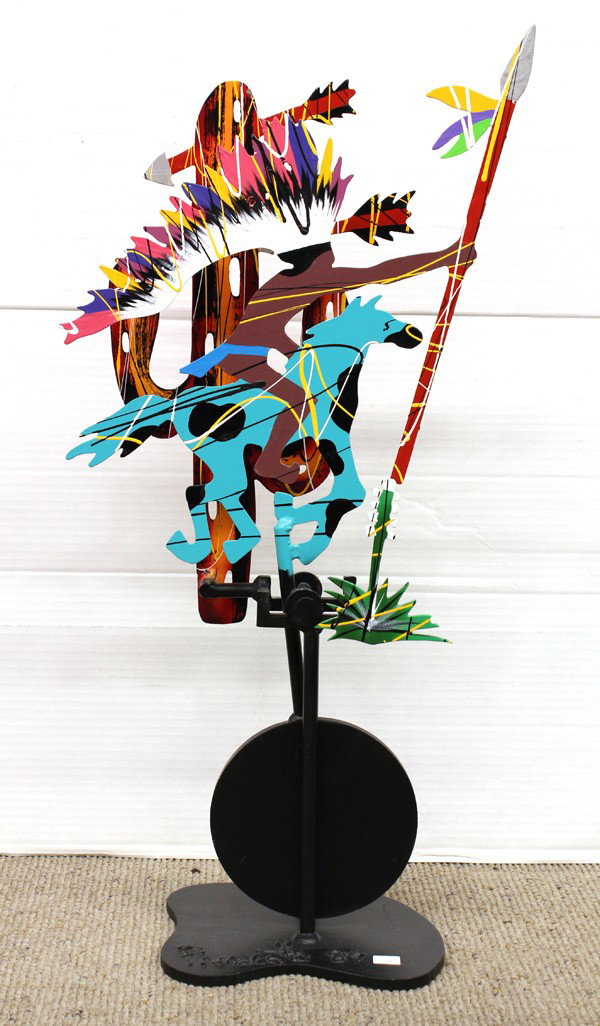 Kinetic sculpture, Fredrick Prescott,: Kinetic steel sculpture with acrylic, Galloping Through the Desert, by Fredrick Prescott (American, b. 1949), signed and dated ''Prescott, '89'' on base, overall: 31''h x 16''w x 8''d