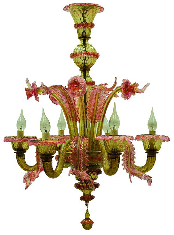 Murano glass chandelier: Murano glass chandelier, executed in multiple colors, the six light fixture having alternating daffodil and floral sprays surrounding the graduated standard and terminating on the stepped base ending 