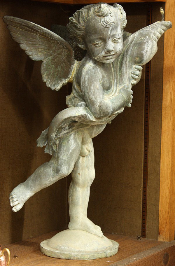 Continental bronze fountain: Continental bronze figural fountain, 'Boy and his Dolphin' circa 1870, after Verrocchio, rising on a circular plinth, 28''h x 18''w