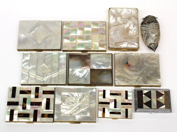 Gilt metal cigarette cases: (lot of 11) Ten associated gilt metal cigarette cases consisting of mostly mother of pearl and abalone shell, and one matching compact