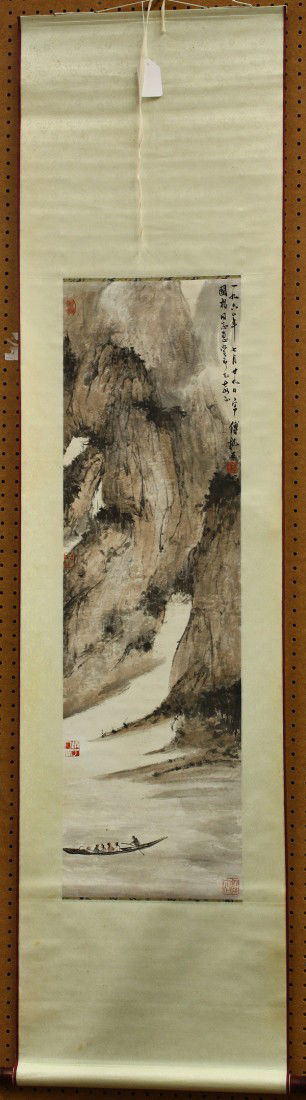 Chinese Scroll, Fu Baoshi (after), Landscape: Chinese hanging scroll, ink and color on paper, Boating Through the River Gorge, after Fu Baoshi (Chinese, 1904-1965), the right inscribed with the date 'seventh month of 1968' and bearing the signatu