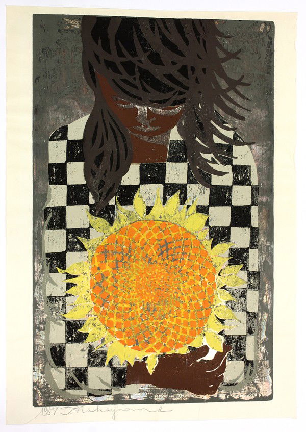Japanese Large Modern Print, Tadashi Nakayama: Unframed Japanese oversize woodblock print, Girl with Sunflower, 1957, bottom margin signed in pencil T. Nakayama (Tadashi Nakayama, Japanese, b. 1927), dated in pencil lower left, 25''h x 18''w