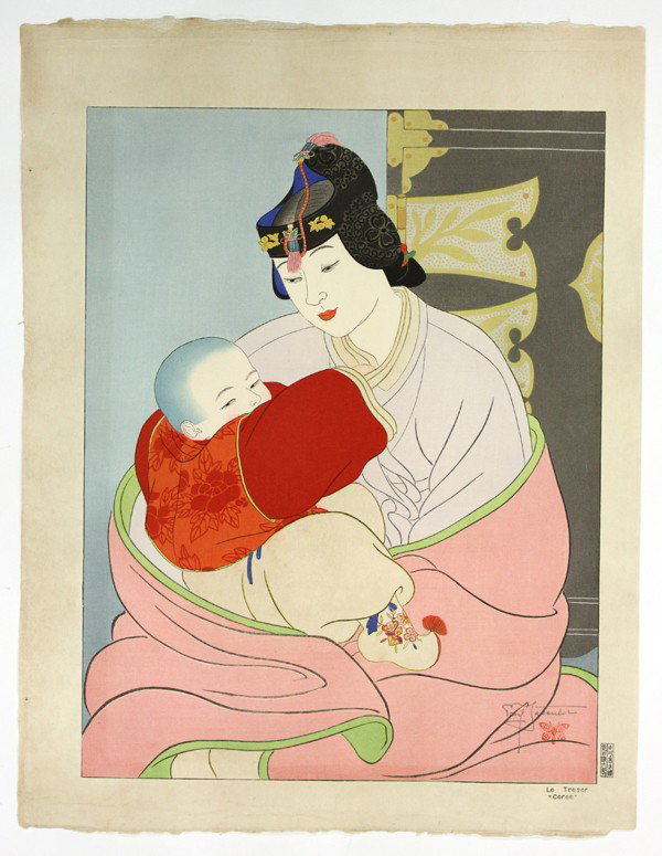 Two Oversize Woodblock Prints, Paul Jacoulet: (Lot of 2) Unframed Japanese modern woodblock prints, each signed in pencil Paul Jacoulet (French, 1902-60) and with cartouche of Maida (carver): the first Le Tresor, Coree (The Treasure, Korea) [Mile