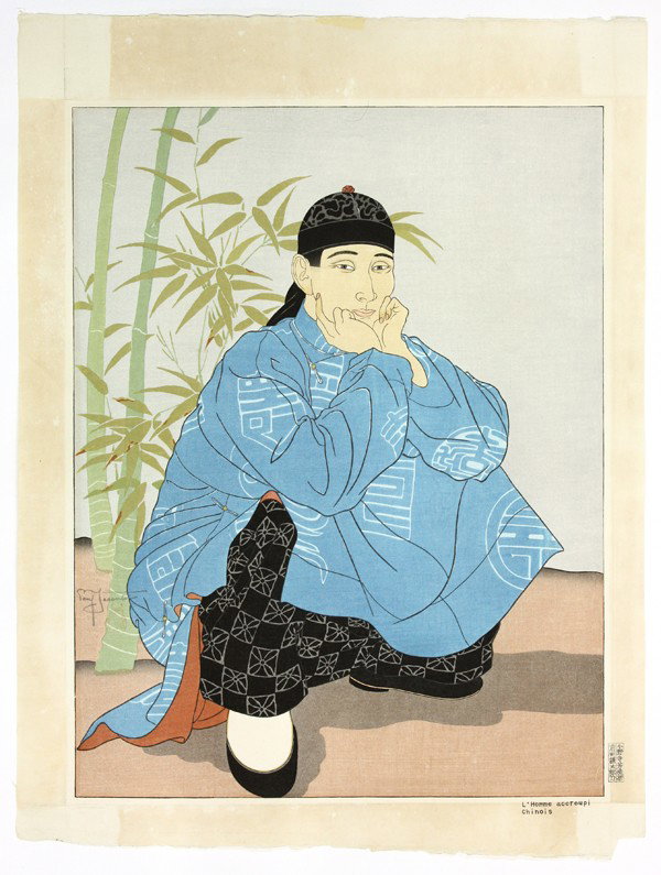 Two Oversize Woodblock Prints, Paul Jacoulet: (Lot of 2) Unframed Japanese modern woodblock prints, each signed in pencil Paul Jacoulet (French, 1902-60) and with carver cartouche of Maida: the first Viellad Au Chapelet, Kawadzu (Old Man with a R