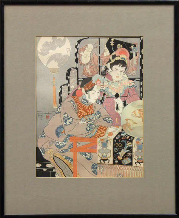 Japanese Modern Woodblock Print, Paul Jacoulet: Framed Japanese modern woodblock print, Le Bocal de Poissons Rouges (The Bowl of Red Fish) [Miles #81], 15 April 1942, reverse with edition notation 112/150, with bat seal and signed in pencil Paul Ja