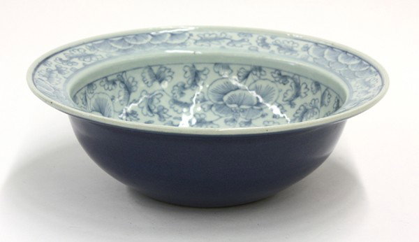 Chinese Powder Blue/Underglaze Blue Basin: Chinese powder blue and underglaze blue decorated basin, the interior penciled with registers of penoy scrolls to the well, side and everted rim, in contrast with the exterior coated with a powder blu