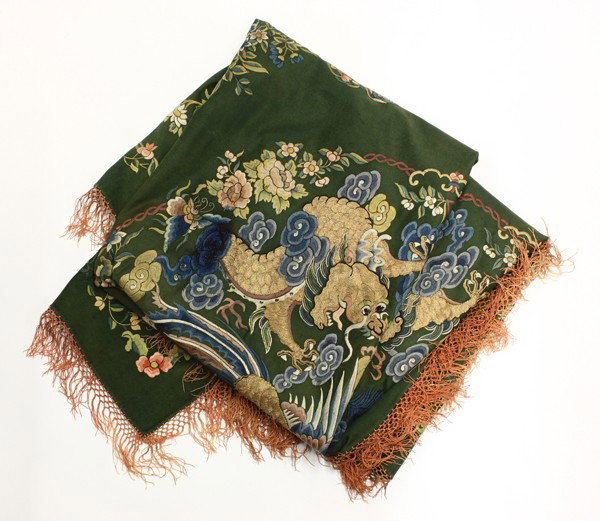 Chinese Embroidered Green Piano Throw: Chinese embroidered green piano throw, centered by a pair of metallic couched dragons within a border of flowers, further embroidered with floral sprigs and fluttering butterflies in satin stitch to e